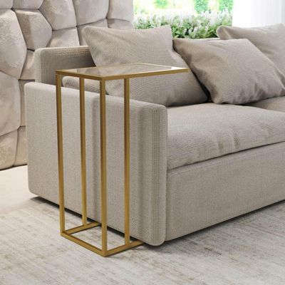 Mesa De Apoio Industrial Elena Industrial Dourado Com Tampo De Vidro