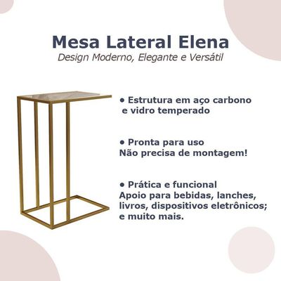 Mesa De Apoio Industrial Elena Industrial Dourado Com Tampo De Vidro