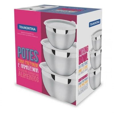 Jogo De Potes Tramontina Cucina Aço Inox Com Tampa Plástica 3 Peças