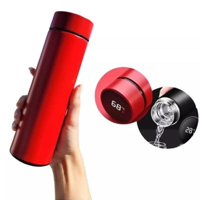 Garrafa Termica 480ml Display Inox Lcd Termometro Copo Termico Medidor Temperatura Vermelho Luxo