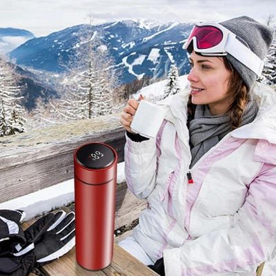 Garrafa Termica 480ml Display Inox Lcd Termometro Copo Termico Medidor Temperatura Vermelho Luxo