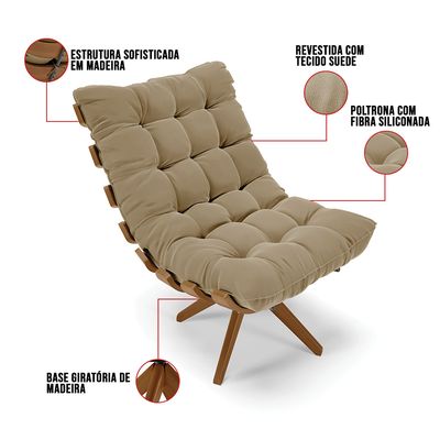 Poltrona Giratória Costela Suede Marrom Rato Base de Madeira MA30 M11 - D'Rossi