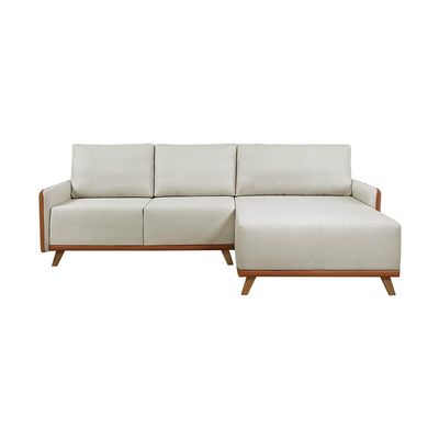Sofá 5 Lugares Geribá com Chaise Direito Linho Bege e Caramelo