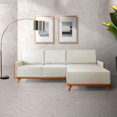 Sofá 5 Lugares Geribá com Chaise Direito Linho Bege e Caramelo