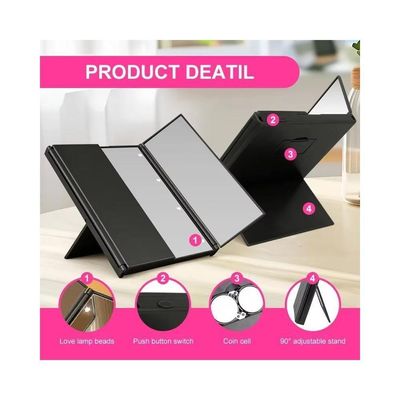Espelho Led Bolsa Triplo Maquiagem Aumento Dobravel Portatil Iluminacao Mesa Bancada Viagem Camarim