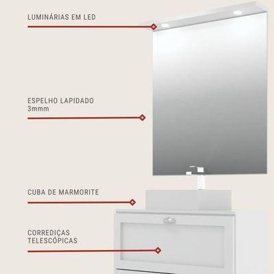 Gabinete Para Banheiro Com Tampo Cuba E Espelho 80cm Retro Mdf Branco Milano - On Móveis