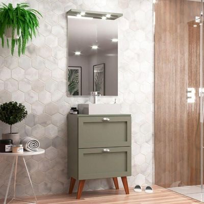 Gabinete Para Banheiro Com Tampo Cuba E Espelheira Organica 60cm Retro Mdf Verde Milano - On Móveis