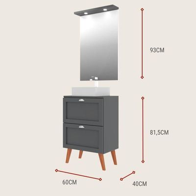 Gabinete Para Banheiro Com Tampo Cuba E Espelho Redondo 60cm Retro Mdf Grafite Milano - On Móveis