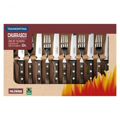Jogo De Churrasco Jumbo Em Inox Tramontina Polywood Castanho 12 Peças