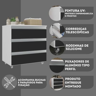 Gabinete Banheiro Rodinhas Joia 60cm 03 Gavetas Branco Preto