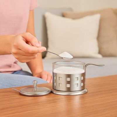 Açucareiro Inox Vidro Prata Kit Completo Luxo Colher Tampa Removível Porta Açúcar Sal Pote Alça Chá Café