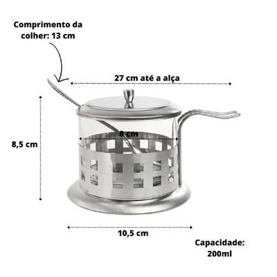 Açucareiro Inox Vidro Prata Kit Completo Luxo Colher Tampa Removível Porta Açúcar Sal Pote Alça Chá Café