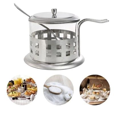 Açucareiro Inox Vidro Prata Kit Completo Luxo Colher Tampa Removível Porta Açúcar Sal Pote Alça Chá Café