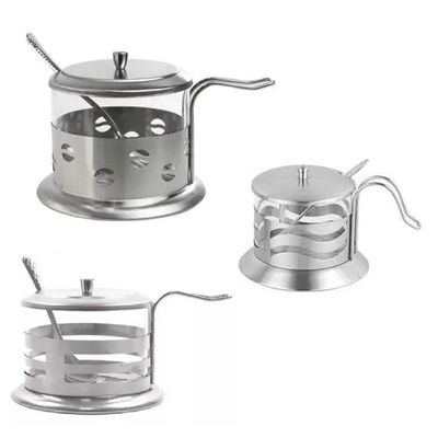 Açucareiro Inox Vidro Prata Kit Completo Luxo Colher Tampa Removível Porta Açúcar Sal Pote Alça Chá Café