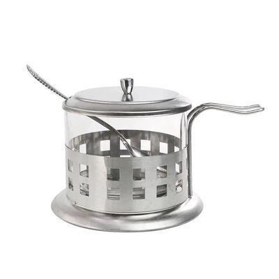 Açucareiro Inox Vidro Prata Kit Completo Luxo Colher Tampa Removível Porta Açúcar Sal Pote Alça Chá Café
