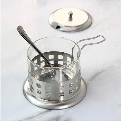 Açucareiro Inox Vidro Prata Kit Completo Luxo Colher Tampa Removível Porta Açúcar Sal Pote Alça Chá Café