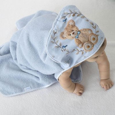TOALHA DE BANHO BEBE COM CAPUZ ESTAMPADA DIGITAL LUXO  urso azul