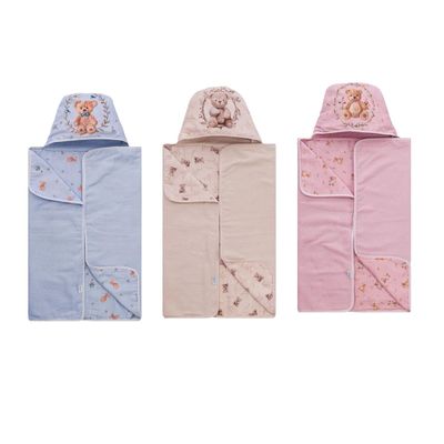 TOALHA DE BANHO BEBE COM CAPUZ ESTAMPADA DIGITAL LUXO  urso azul