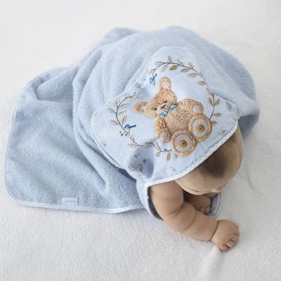 TOALHA DE BANHO BEBE COM CAPUZ ESTAMPADA DIGITAL LUXO  urso azul