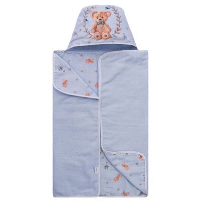 TOALHA DE BANHO BEBE COM CAPUZ ESTAMPADA DIGITAL LUXO  urso azul