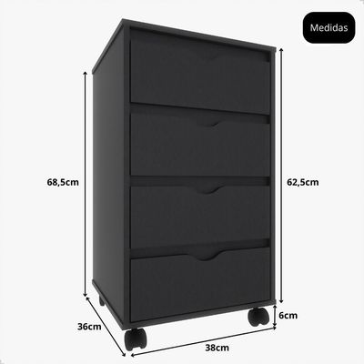 Gaveteiro Multiuso 4 Gavetas Com Rodizios Preto Preto