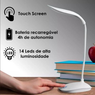 Luminária Mesa Led Articulada Abajur Touch Flexível Branca Leitura Estudo Trabalho Quarto Escritório Recarregável