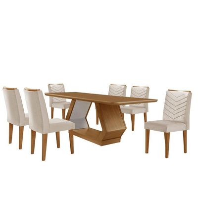Mesa Sala De Jantar Alvorada 180cm E 6 Cadeiras Liz Moderna Veludo Creme/off White/imbuia