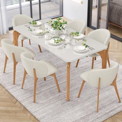 Kit 05 Cadeiras De Jantar E Estar Living Estofada Mia L02 Linho Champagne - Lyam Decor