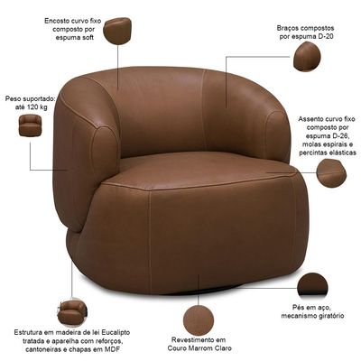 Poltrona Decorativa Giratória Orgânica Para Sala Living Begur L06 Couro Marrom Claro - Lyam Decor