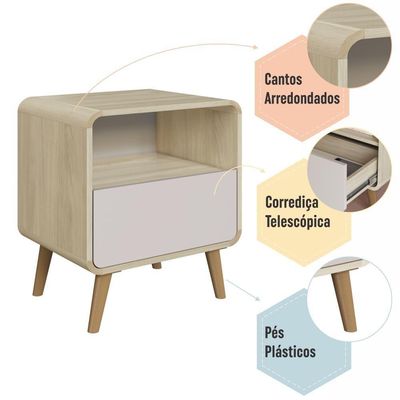 Mesa De Cabeceira Canto Curvo Com Nicho 01 Gaveta E Pés Palito Retrô Carvalho Araguaia