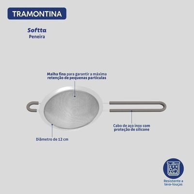 Peneira Tramontina Softta Cinza Aço Inox Com Cabo E Alça Em Silicone 12cm