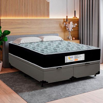 Cama Box Baú Queen Bipartido Sintético + Colchão Molas Ensacadas Sereneprime Sonnolux Cinza