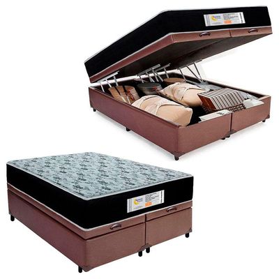 Cama Box Baú Queen Bipartido Sintético + Colchão Molas Ensacadas Sereneprime Sonnolux Marrom