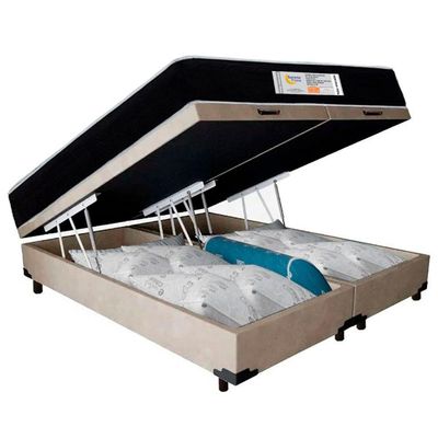 Cama Box Baú Queen Bipartido Suede + Colchão Molas Ensacadas Sereneprime Sonnolux 158x198x69 Bege