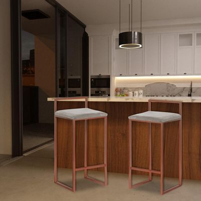 Banqueta Decorativa Selena Base Bronze Veludo Cinza - Gran Belo