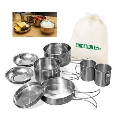 Kit Panelas Em Inox 8 Peças Para Camping, Viagem, Pesca E Praia Portátil E Resistente