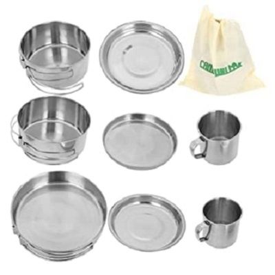 Kit Panelas Em Inox 8 Peças Para Camping, Viagem, Pesca E Praia Portátil E Resistente