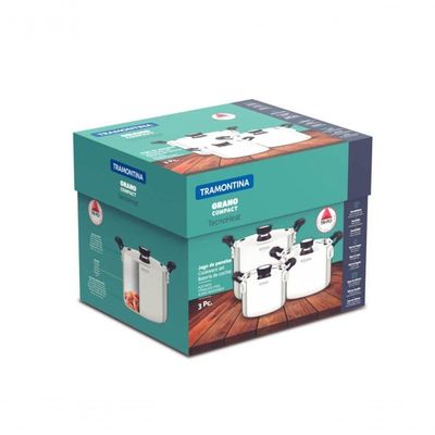 Jogo De Panelas Tramontina Grano Compact Aço Inox Corpo Triplo E Silicone Preto 3 Peças
