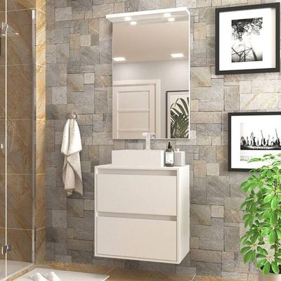 Gabinete Para Banheiro Com Cuba E Espelheira Com Led 60cm Mdf Branco Dubai - On Móveis