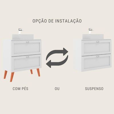 Gabinete Para Banheiro Com Tampo Cuba E Espelho Redondo 80cm Retro Mdf Branco Milano - On Móveis