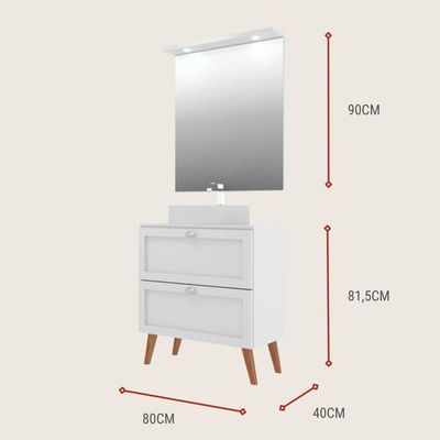 Gabinete Para Banheiro Com Tampo Cuba E Espelho Redondo 80cm Retro Mdf Branco Milano - On Móveis