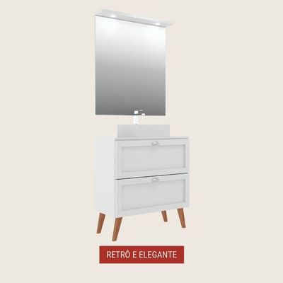 Gabinete Para Banheiro Com Tampo Cuba E Espelho Redondo 80cm Retro Mdf Branco Milano - On Móveis