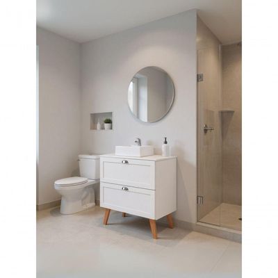 Gabinete Para Banheiro Com Tampo Cuba E Espelho Redondo 80cm Retro Mdf Branco Milano - On Móveis