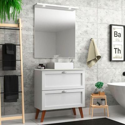 Gabinete Para Banheiro Com Tampo Cuba E Espelho Redondo 80cm Retro Mdf Branco Milano - On Móveis