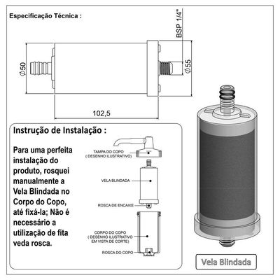 Vela Refil Carvão Ativado Para Filtro Pressão Bognar 1 Peça