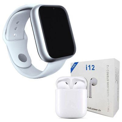 Kit 1 Smartwatch Branco + 1 Fone Bluetooth I12 Tws