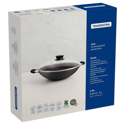 Wok Tramontina Paris 36cm Em Alumínio Com Revestimento Antiaderente Chumbo E Tampa De Vidro