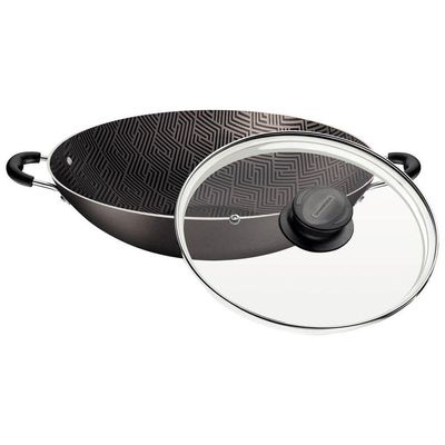 Wok Tramontina Paris 36cm Em Alumínio Com Revestimento Antiaderente Chumbo E Tampa De Vidro