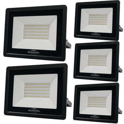 Kit 5 Refletor De Led Slim 50w Prova Dágua Preto Bivolt 3000k Quente