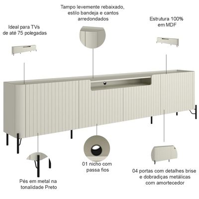 Rack Para Sala de Estar TV 75 Pol 4 Portas Brise Pés Industrial Preto Alef I03 Luna - Lyam Decor